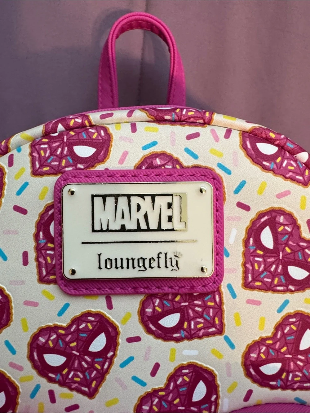 Loungefly Marvel Pink Spider-Donut Kids Mini Backpack and wallet